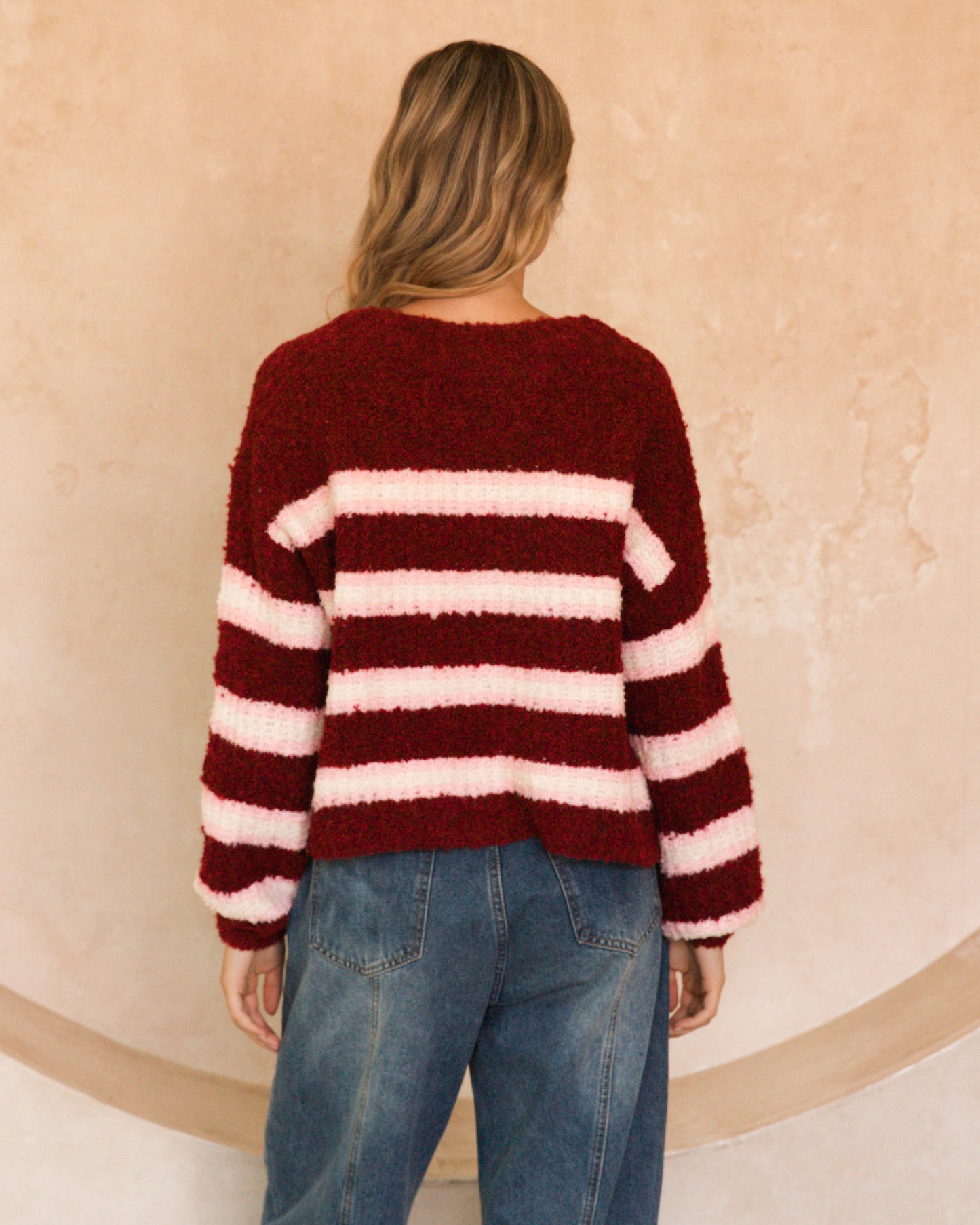 Burgundy/Pink Stripe Knit Cardigan by Artikle Clothing