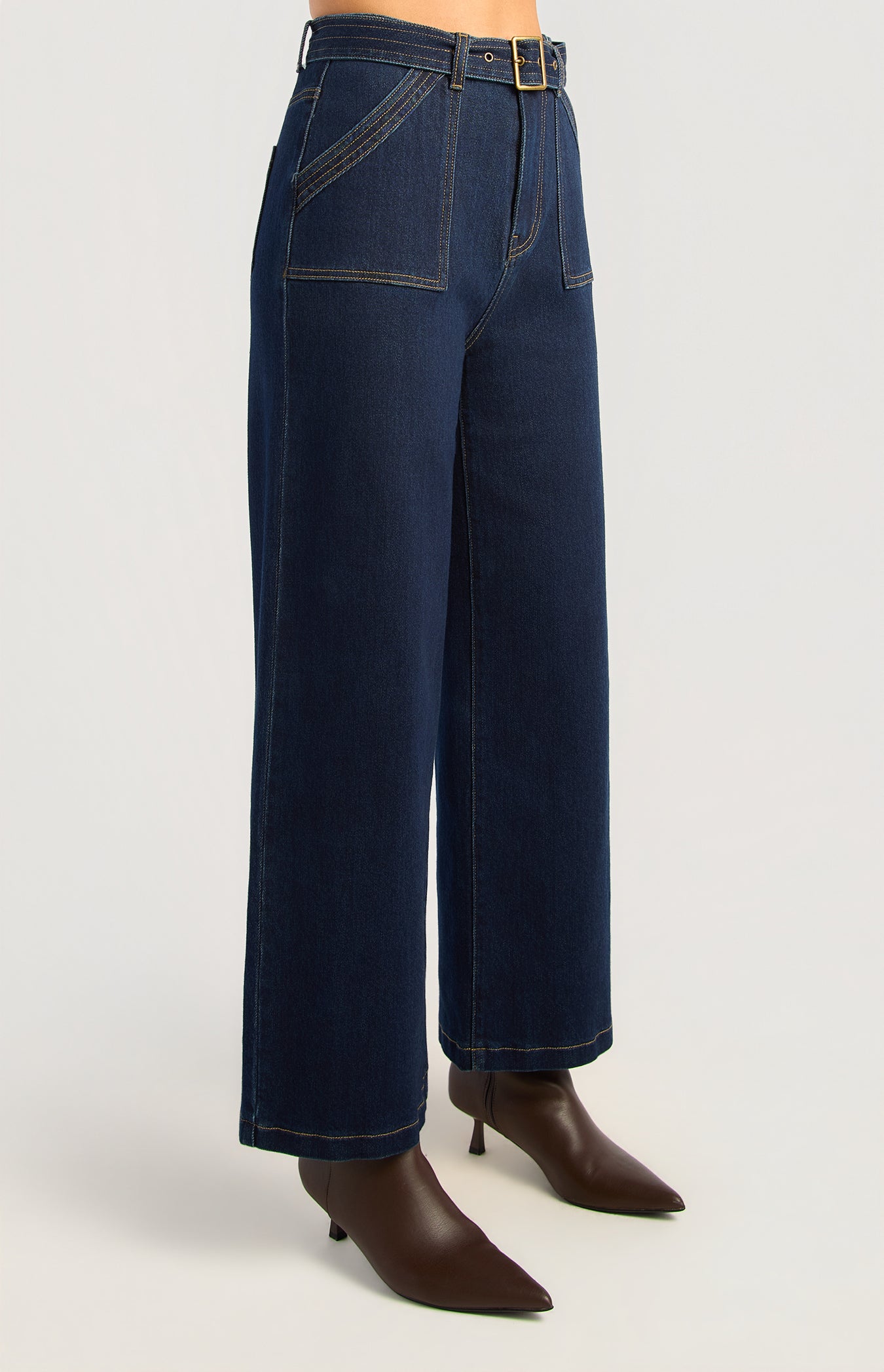 Patch Pocket Denim Jeans with Gold Belt Buckle by Artikle Clothing