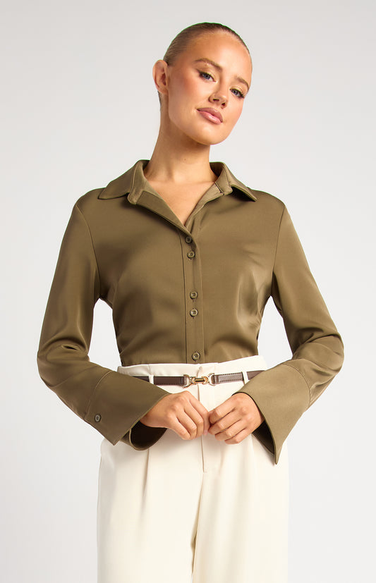 Grace Double Button Flair Cuff Satin Shirt - Olive by Artikle Clothing