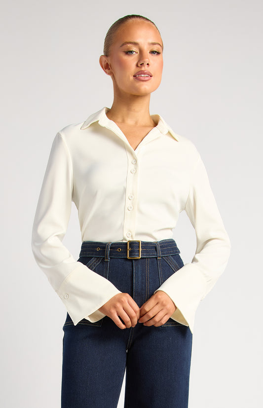 Grace Double Button Flair Cuff Satin Shirt - White by Artikle Clothing