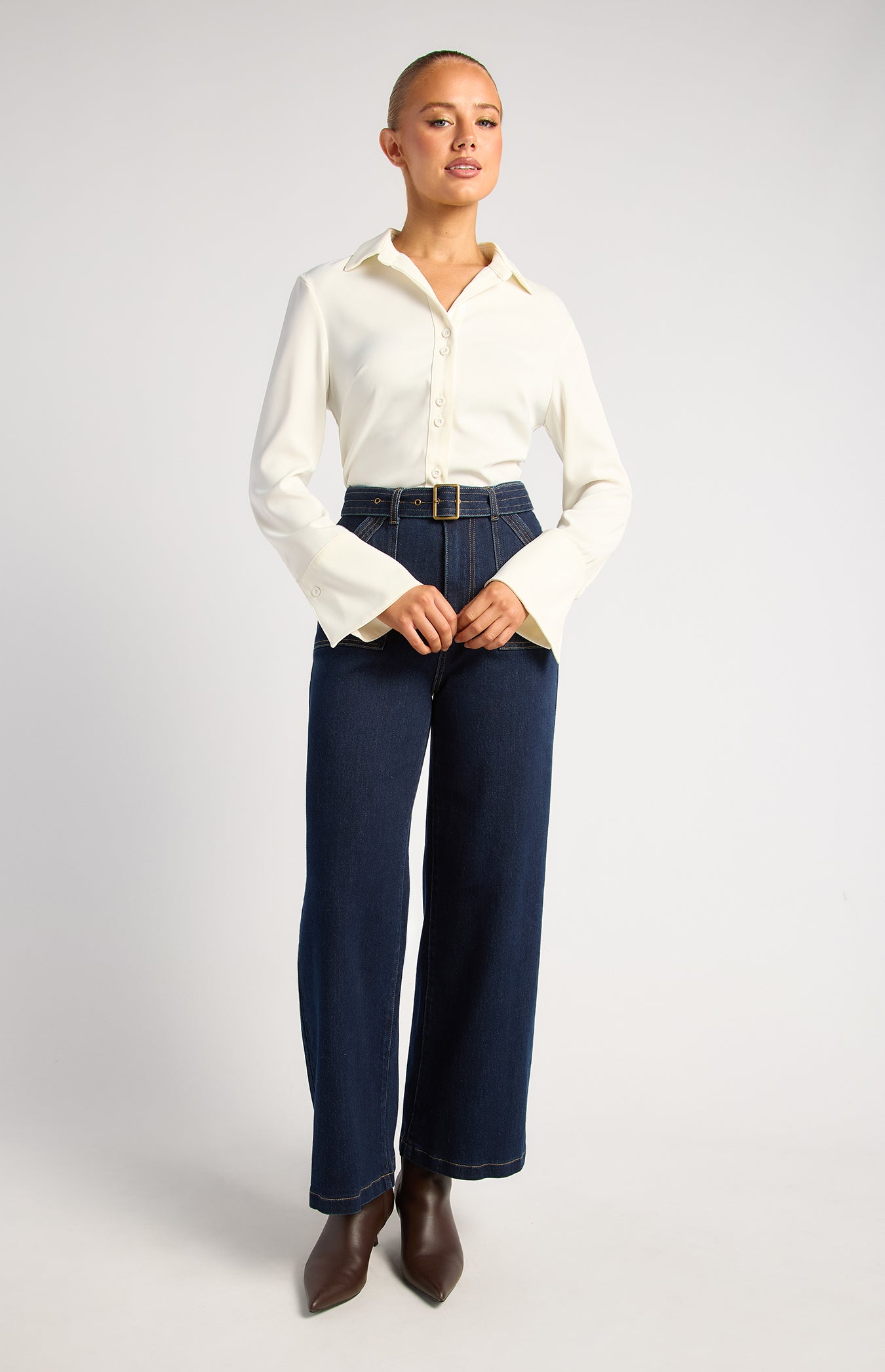 Grace Double Button Flair Cuff Satin Shirt - White by Artikle Clothing