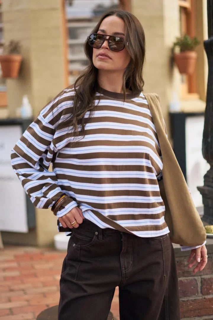 Ceres Life Beau Long Sleeve Slouchy Tee - Cocoa & Sky Blue Stripe by Artikle Clothing