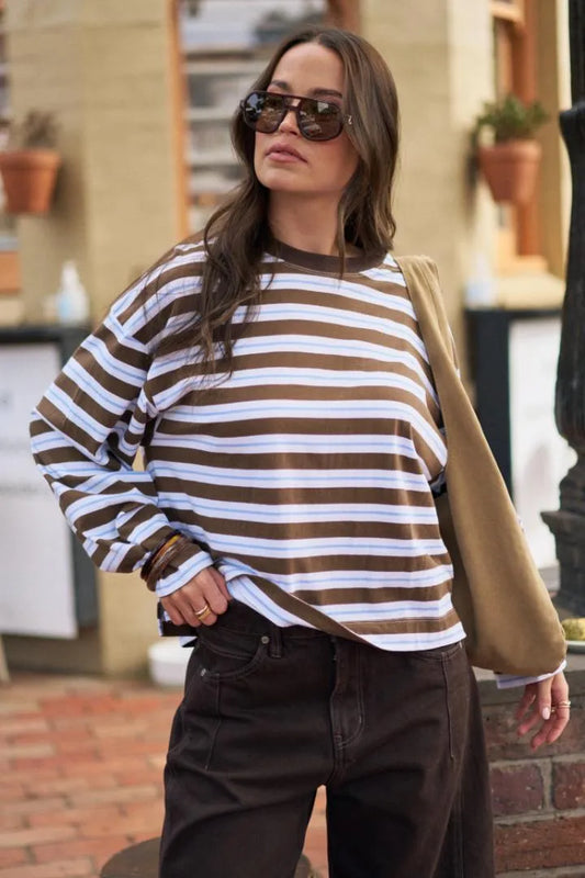 Ceres Life Beau Long Sleeve Slouchy Tee - Cocoa & Sky Blue Stripe by Artikle Clothing