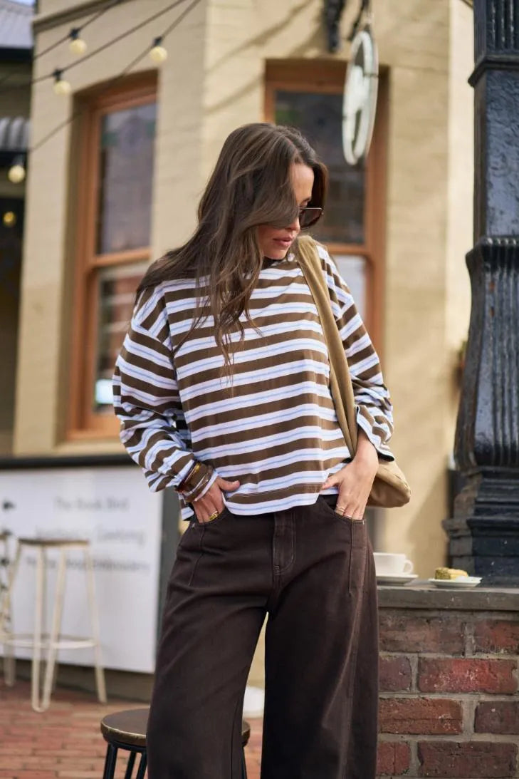 Ceres Life Beau Long Sleeve Slouchy Tee - Cocoa & Sky Blue Stripe by Artikle Clothing