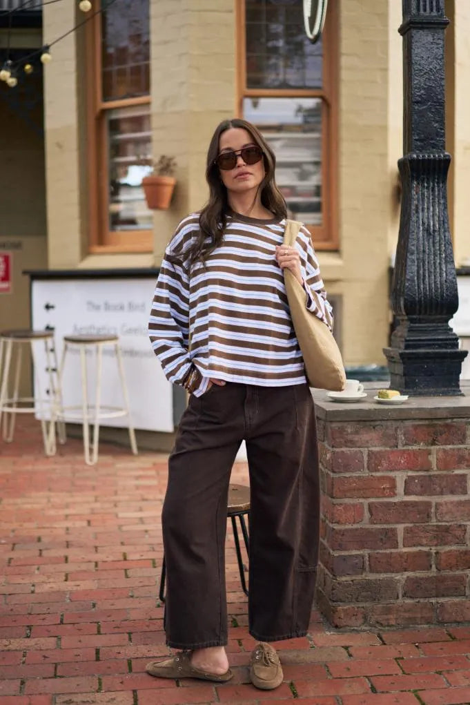 Ceres Life Beau Long Sleeve Slouchy Tee - Cocoa & Sky Blue Stripe by Artikle Clothing