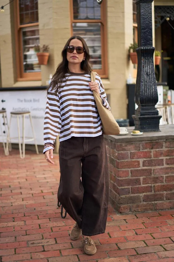Ceres Life Beau Long Sleeve Slouchy Tee - Cocoa & Sky Blue Stripe by Artikle Clothing