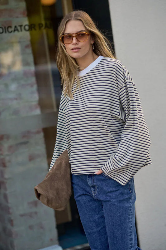Ceres Life Beau Long Sleeve Slouchy Tee - Navy/Button/Stone Stripe by Artikle Clothing