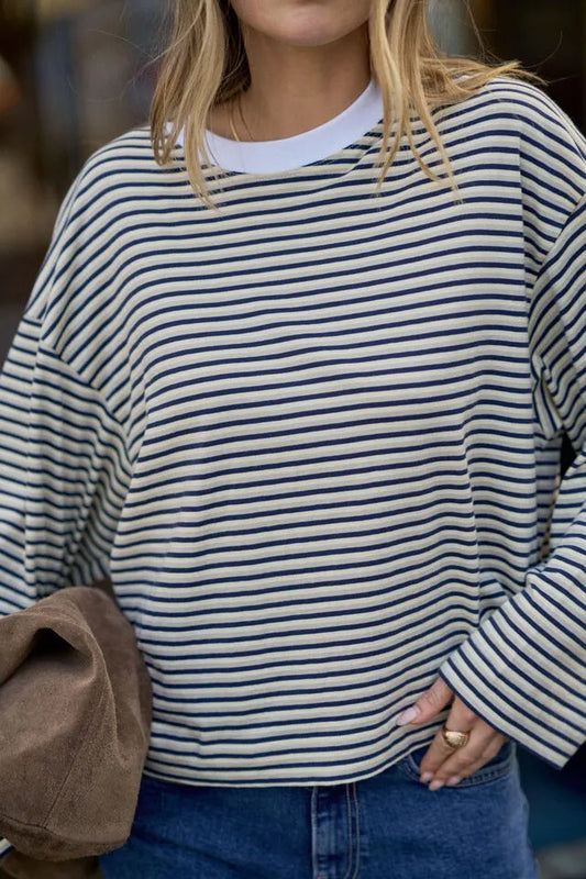 Ceres Life Beau Long Sleeve Slouchy Tee - Navy/Button/Stone Stripe by Artikle Clothing