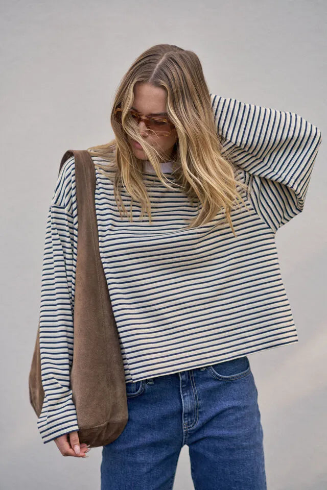 Ceres Life Beau Long Sleeve Slouchy Tee - Navy/Button/Stone Stripe by Artikle Clothing