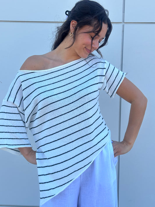 Janey Asymmetrical Top - White Stripe