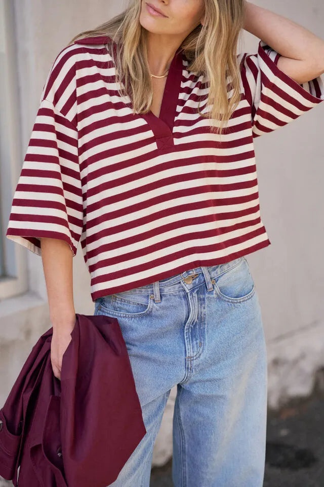 Arlie Short Sleeve Rugby Top - Burgundy / Milk Stripe by Artikle Clothing