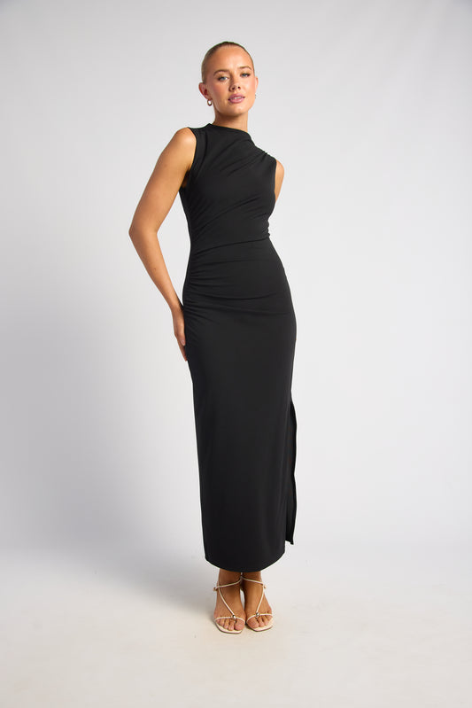 High Neck Pleated Jersey Dress - Black by Artikle Clothing
