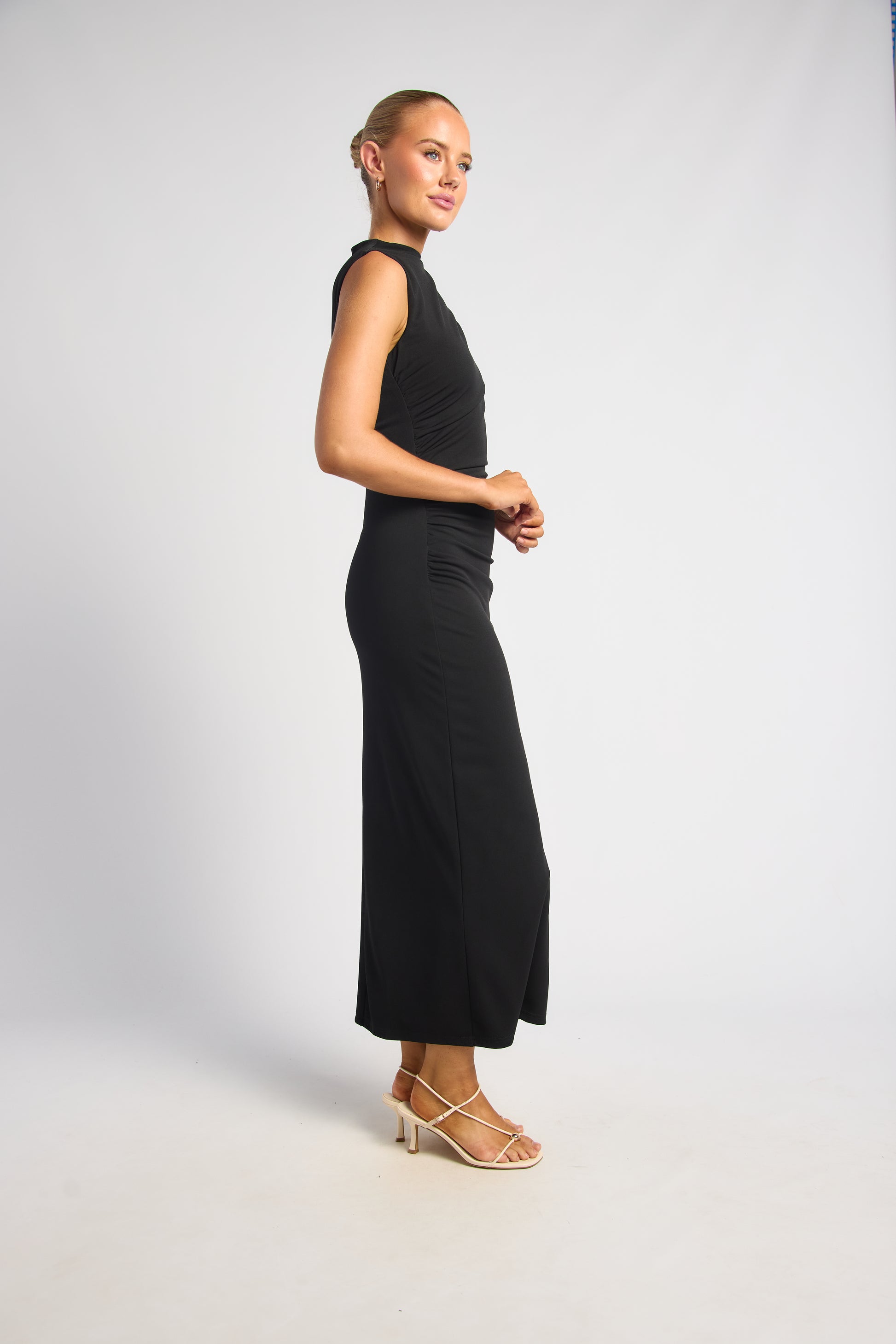 High Neck Pleated Jersey Dress - Black by Artikle Clothing