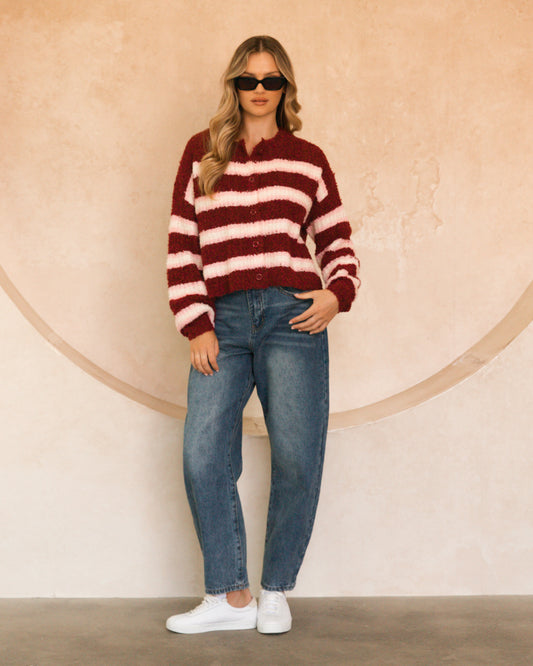 Burgundy/Pink Stripe Knit Cardigan by Artikle Clothing