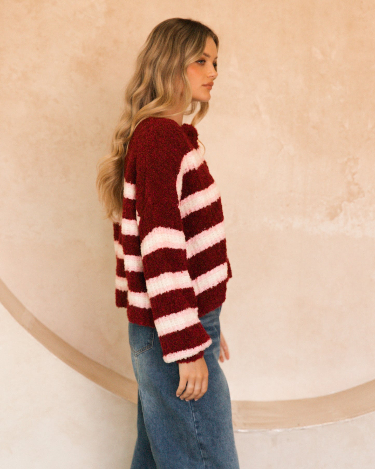 Burgundy/Pink Stripe Knit Cardigan by Artikle Clothing