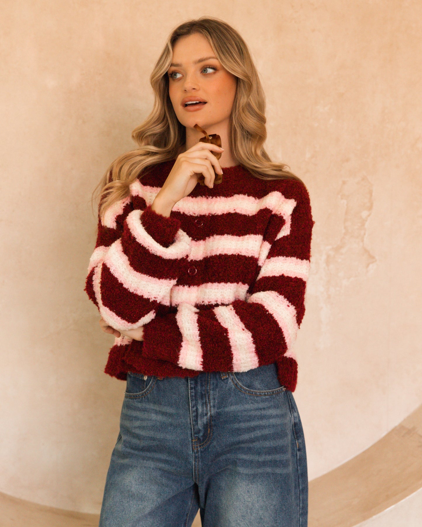 Burgundy/Pink Stripe Knit Cardigan by Artikle Clothing