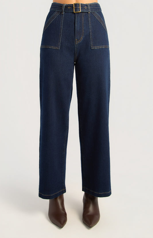 Patch Pocket Denim Jeans with Gold Belt Buckle by Artikle Clothing
