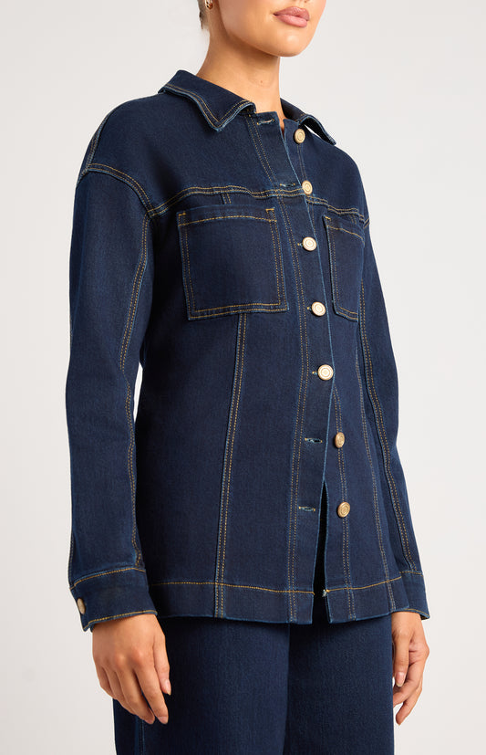 Denim Jacket with Adjustable Back Tab - Dark Blue by Artikle Clothing
