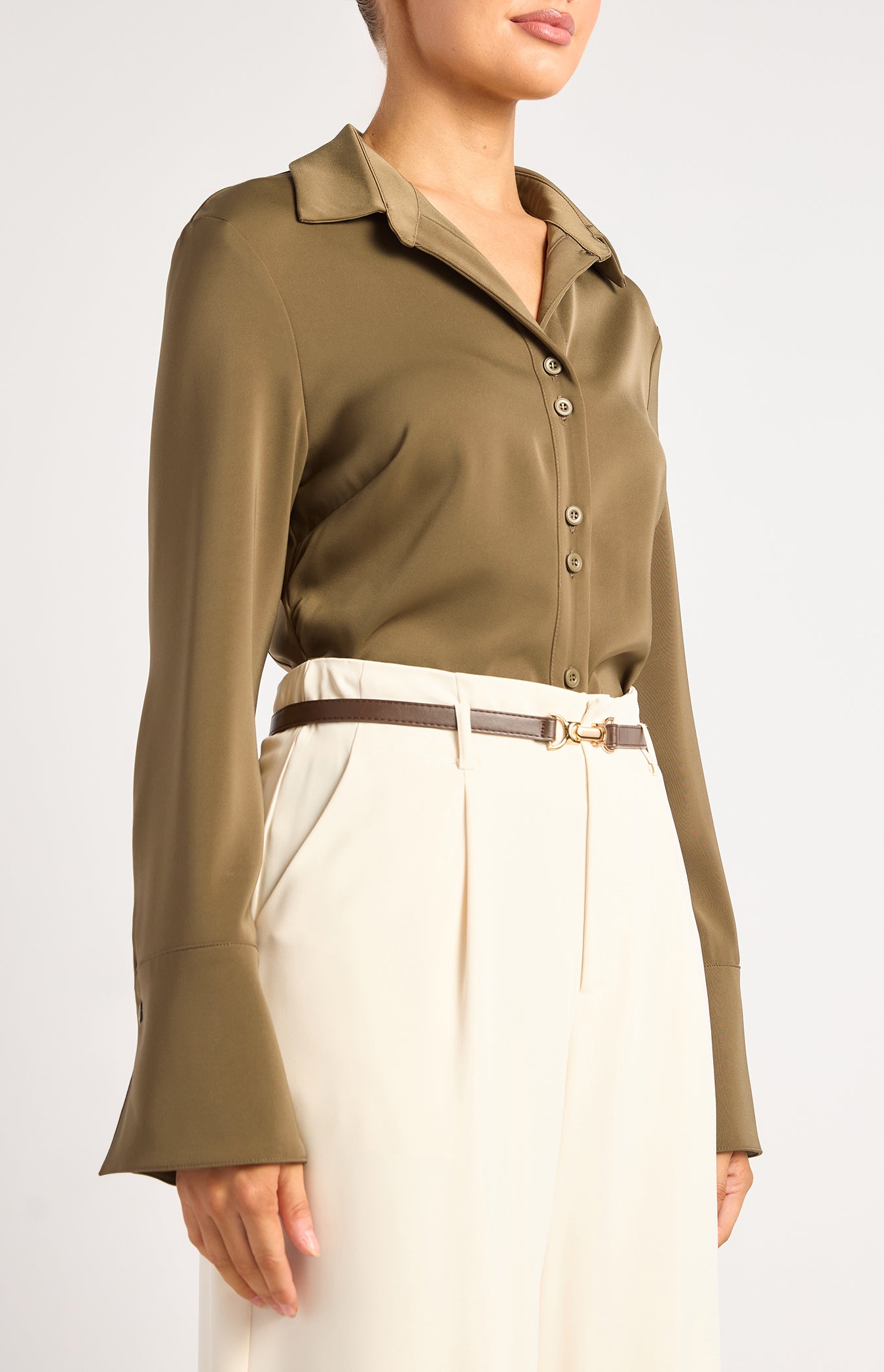 Grace Double Button Flair Cuff Satin Shirt - Olive by Artikle Clothing