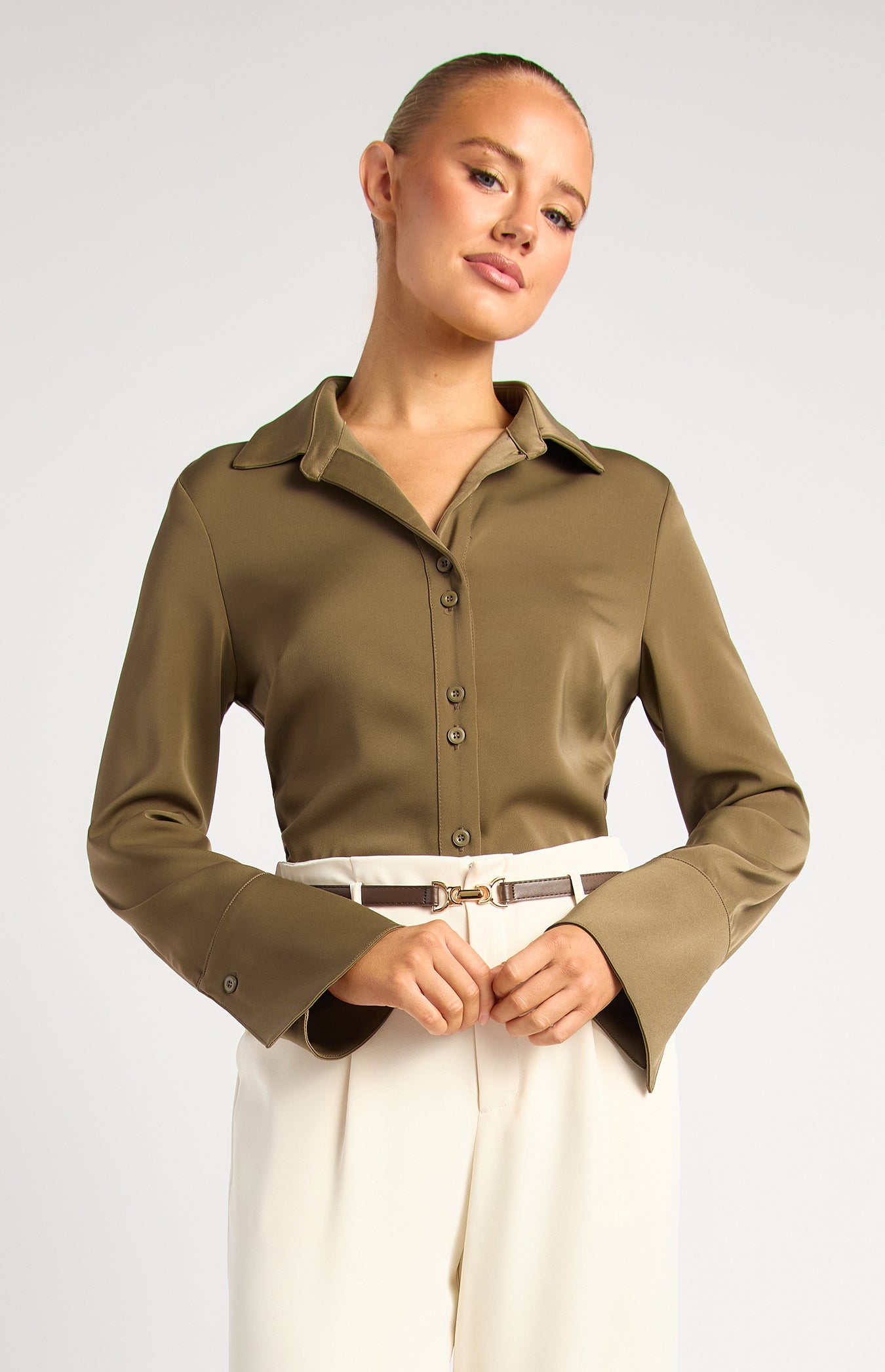 Grace Double Button Flair Cuff Satin Shirt - Olive by Artikle Clothing
