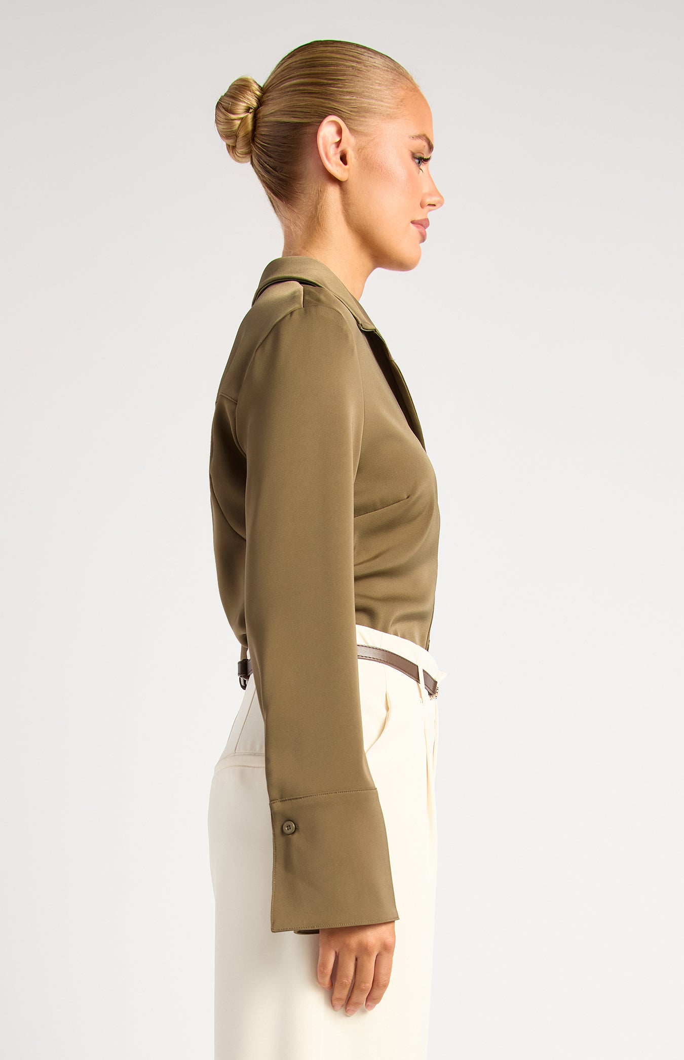 Grace Double Button Flair Cuff Satin Shirt - Olive by Artikle Clothing
