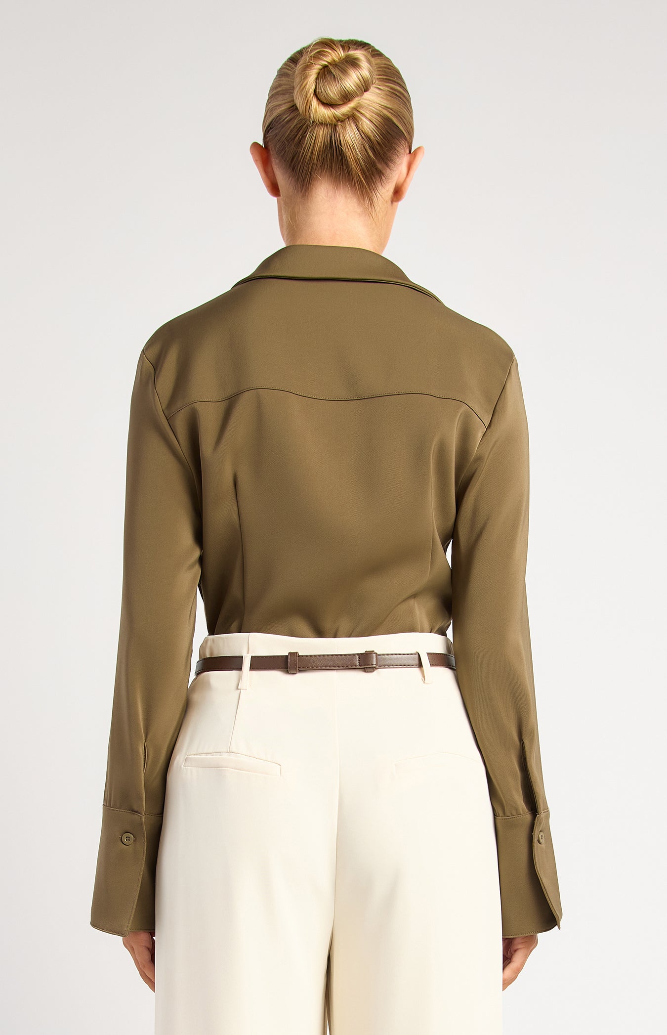 Grace Double Button Flair Cuff Satin Shirt - Olive by Artikle Clothing