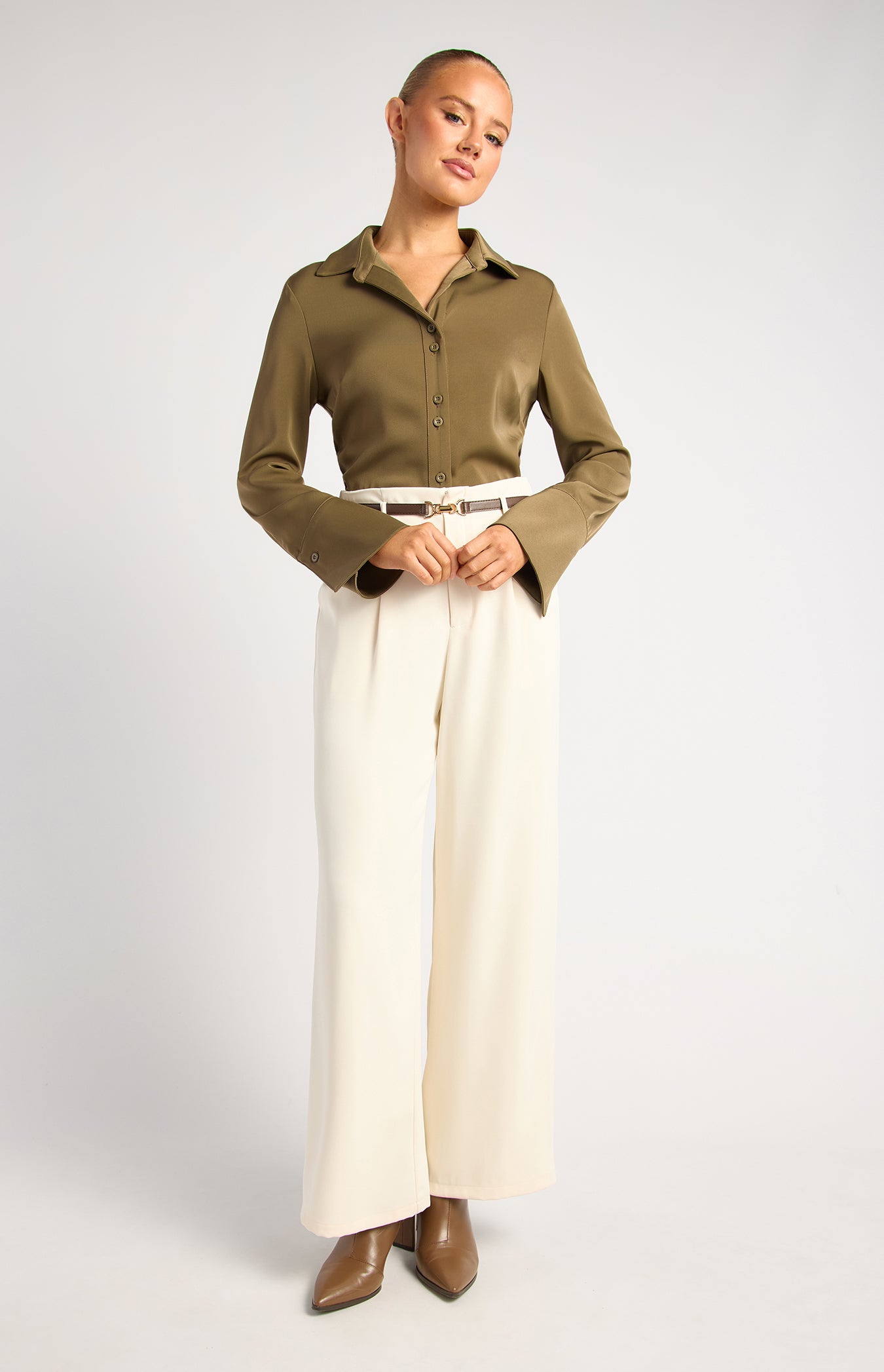 Grace Double Button Flair Cuff Satin Shirt - Olive by Artikle Clothing