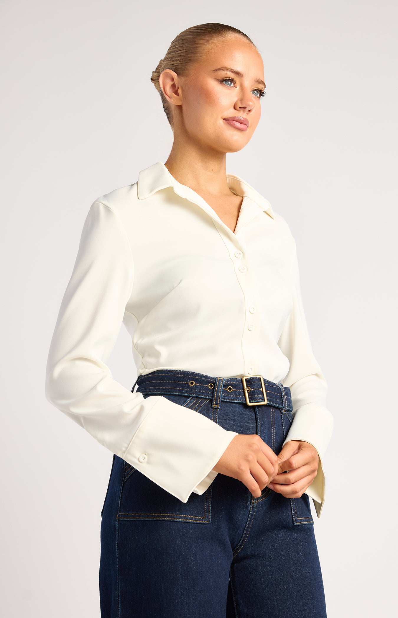 Grace Double Button Flair Cuff Satin Shirt - White by Artikle Clothing