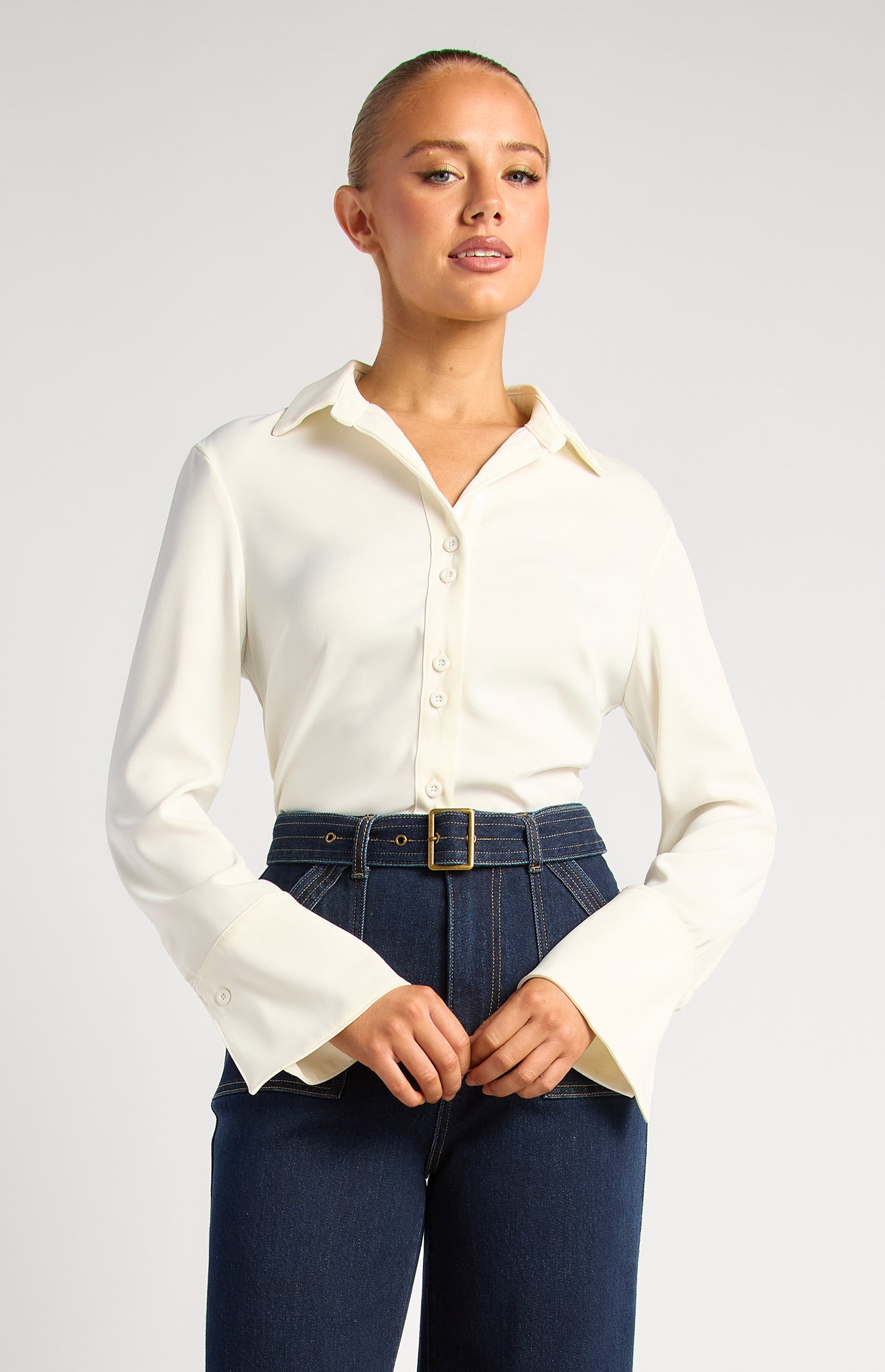 Grace Double Button Flair Cuff Satin Shirt - White by Artikle Clothing