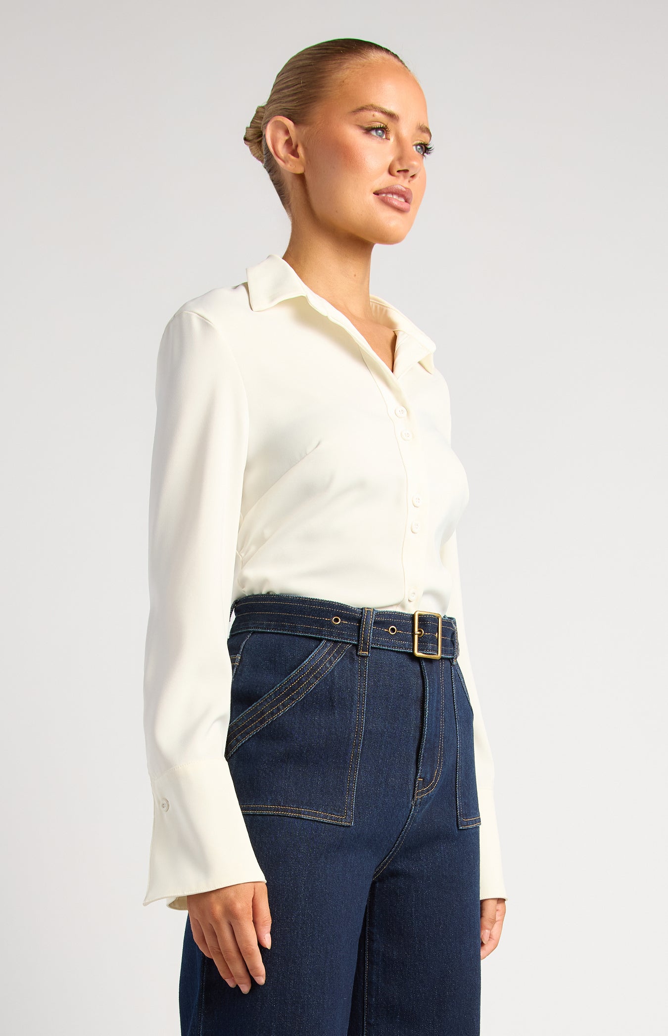 Grace Double Button Flair Cuff Satin Shirt - White by Artikle Clothing