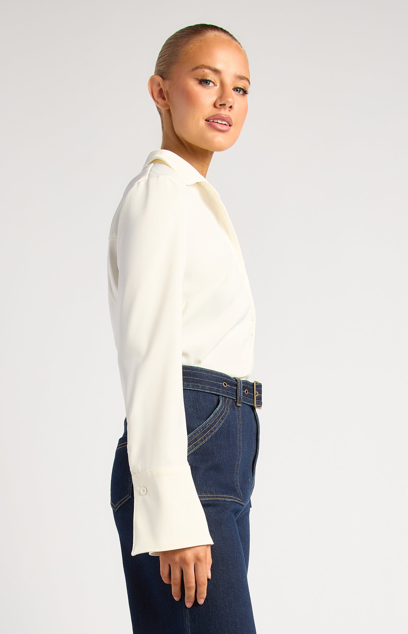 Grace Double Button Flair Cuff Satin Shirt - White by Artikle Clothing