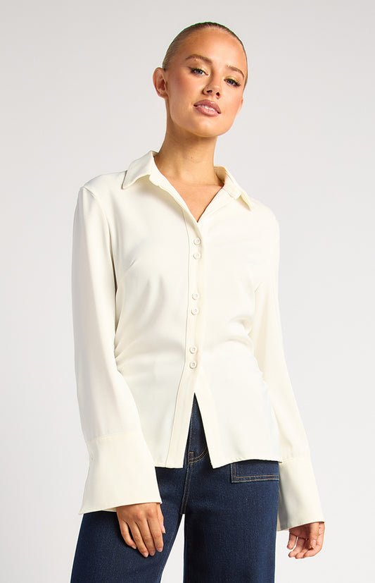Grace Double Button Flair Cuff Satin Shirt - White by Artikle Clothing